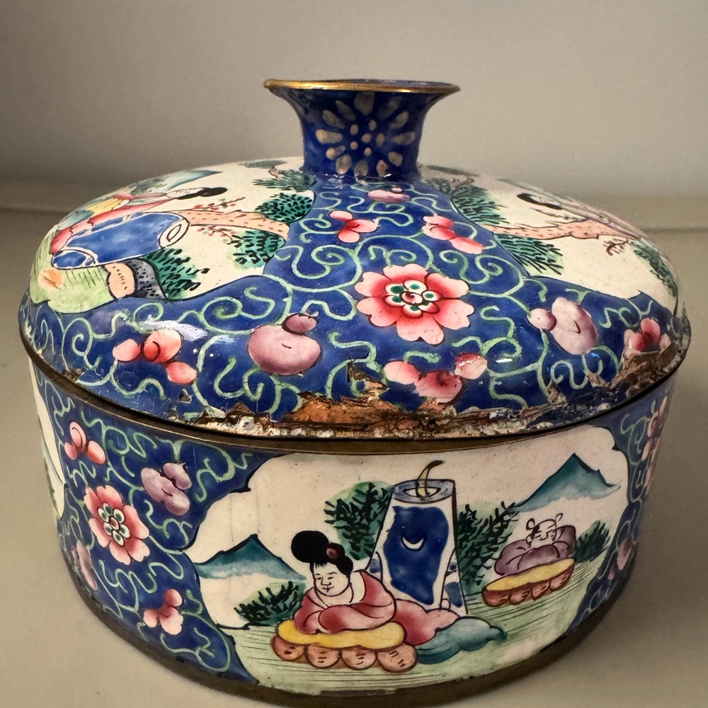 RARE ONE! Antique cloisonne Blue and Pink Floral Tin Style Box with Lid